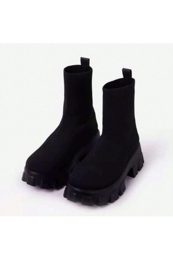 Women's Fashion Ankle Boots with Chunky Block Heel and Knit Sock Design - Winter Boots
