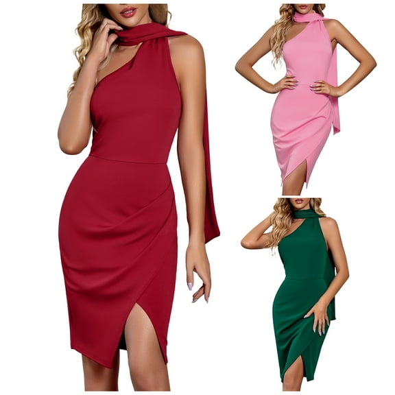 Women's Fashion Autumn and Winter Casual Solid Colour Hanging Neck Sleeveless Slim Sexy Dresses, Elegant Party Wear for Special Occasions, Comfortable Fit,Dark Green,S