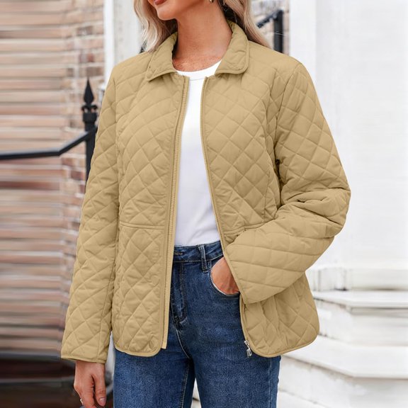 Women's Fashion Autumn/Winter Solid Color Long-sleeved Loose Warm Lapel Zipper Jacket Khaki S