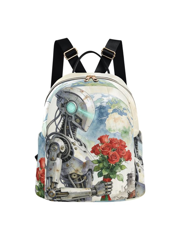 Women's Fashion Backpack Robot with Red Roses Printed Backpack Purses for Travel & Daily