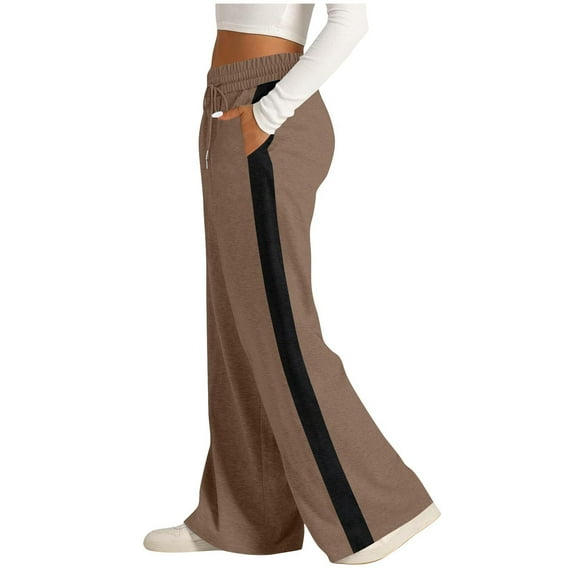 Women's Fashion Baggy Wide Leg Pants Casual Drawstring Elastic Waisted Contrast Color Workout Track Pants Womens Lounge Trousers with Pockets Lightweight Loose Flowy Pants for Women