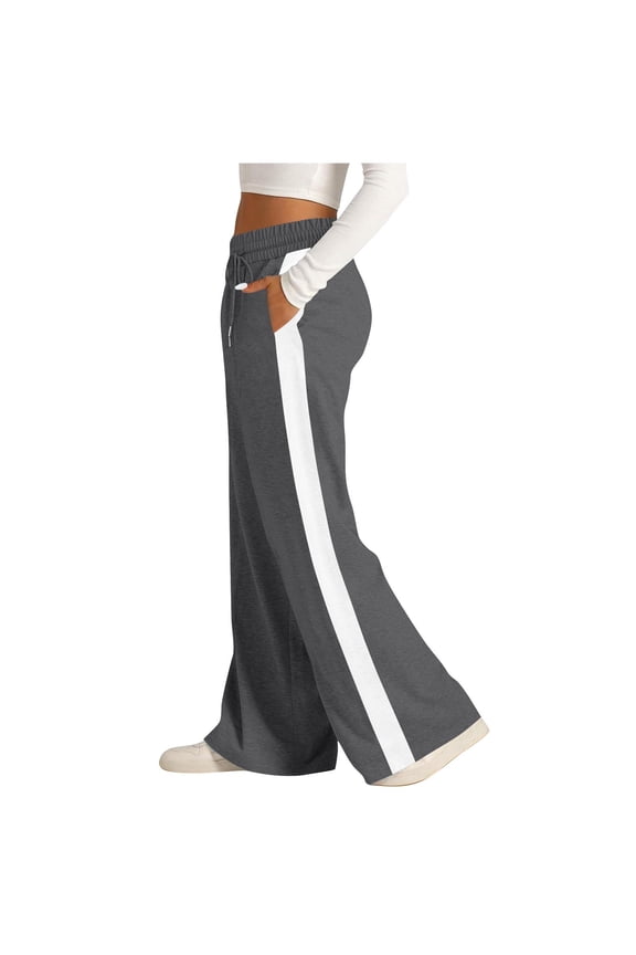 Women's Fashion Baggy Wide Leg Pants Casual Drawstring Elastic Waisted Contrast Color Workout Track Pants Womens Lounge Trousers with Pockets Lightweight Loose Flowy Pants for Women