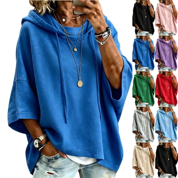 Women's Fashion Batwing Sleeve Sports Hoodies | Baggy Versatile Crew Neck Pullover Hooded Tops Fall Casual Loose Trendy Beach Vacation Travel,Blue,XL