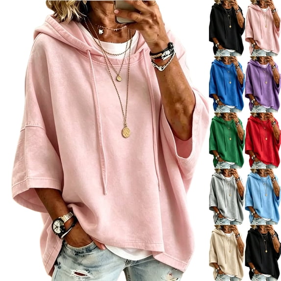 Women's Fashion Batwing Sleeve Sports Hoodies | Baggy Versatile Crew Neck Pullover Hooded Tops Fall Casual Loose Trendy Beach Vacation Travel,Pink,XL