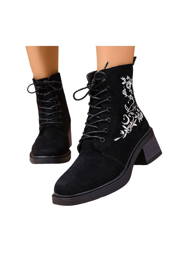 Women's Fashion Black Flower Embroidery Suede Ankle Boots Chunky Heel Square Toe Lace Up Combat Booties
