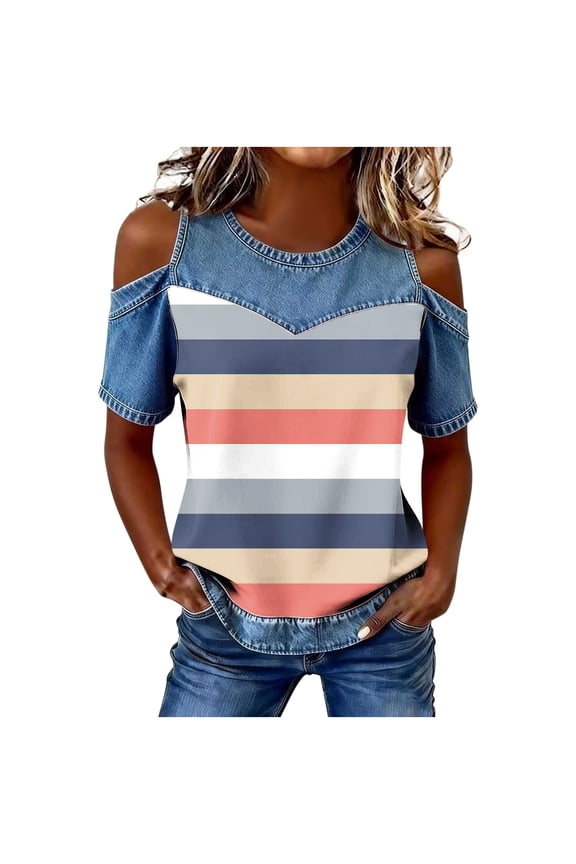 Women's Fashion Block Striped Print T-Shirt Cold Shoulder Denim Splicing Design Round Neck Relaxed Fit Breathable Lightweight Tee for Spring Summer