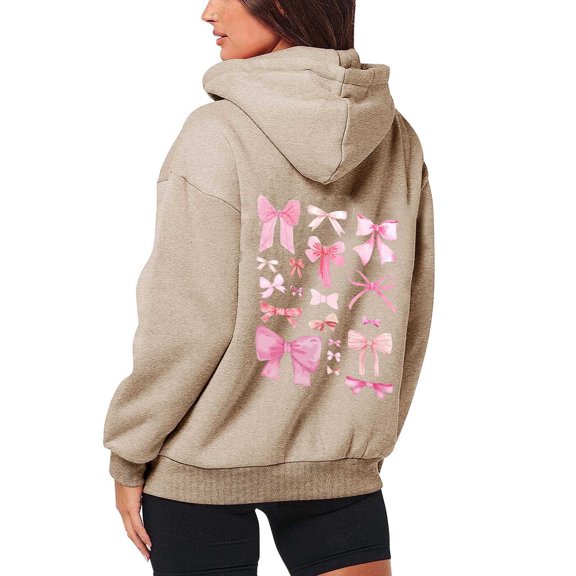 Women's Fashion Bow Print Zipper Long Sleeve Pocket Drawstring Casual Sports Hoodie