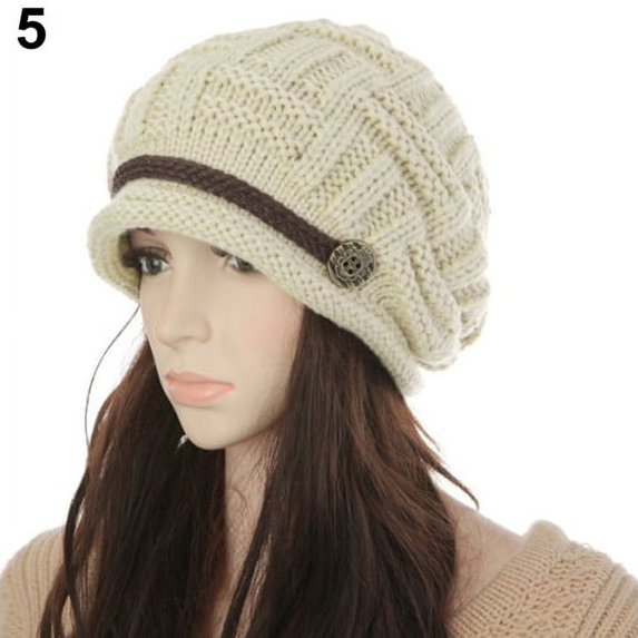 Women's Fashion Braided Autumn Winter Warm Baggy Beanie Knit Crochet Ski Hat Cap-Beige