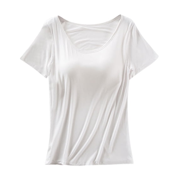 Women's Fashion Bralette Top Short Sleeve Solid Color Crewneck Blouse with Built-in Support Casual Comfortable and Stylish