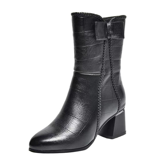 Xiaoxatg Women's Fashion British Style Pointed Mid Calf Boots with Side Zipper Thick Heel and Bow for Autumn Winter 6.5 Black