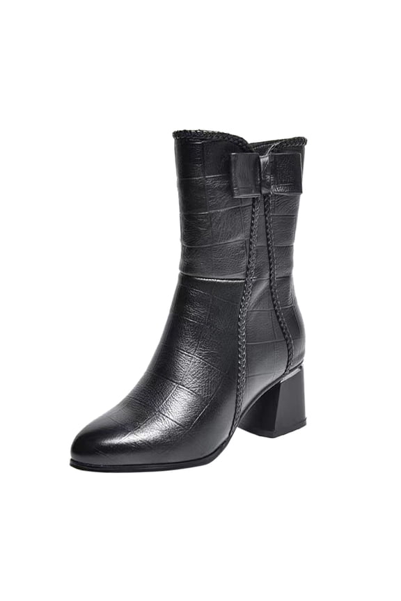 Women's Fashion British Style Pointed Mid Calf Boots with Side Zipper Thick Heel and Bow for Autumn Winter 6.5 Black