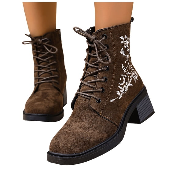 Women's Fashion Brown Flower Embroidery Suede Ankle Boots Chunky Heel Square Toe Lace Up Combat Booties