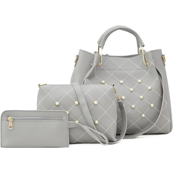 Women's Fashion Bucket Handbag Purse PU Leather Pearl Top Handle Satchel Bag Elegant Crossbody Shoulder Bag Set 3 Pcs
