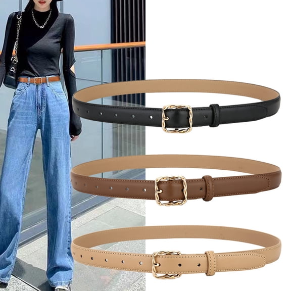 Women‘s Fashion Buckle Genuine Leather Belt - Skinny Waist Belt for Jeans, Pants, Dresses