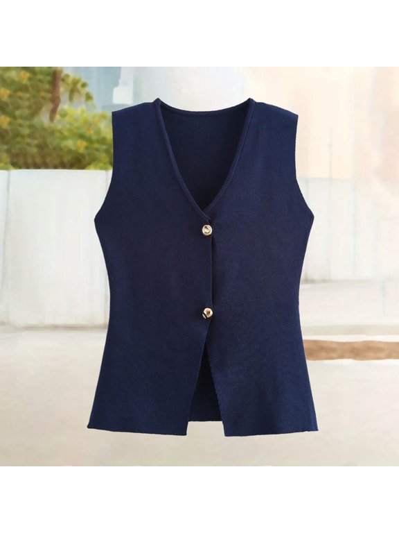 Women's Fashion Button Up Knitted Vest Top plus Size Leather Duster Vest for Women Zip up plus Size Vest Maternity Vest Outerwear Vest Eiderdown Coat Womens Sleeveless Cardigan Vest And Vest Chambray
