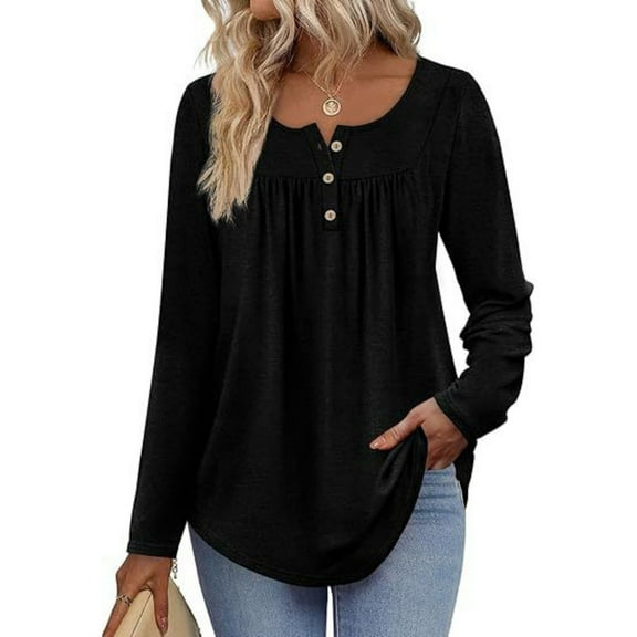 Women’s Fashion Button Top – Lightweight Long Sleeve Shirt with Round Neck and Pleated Detail Black