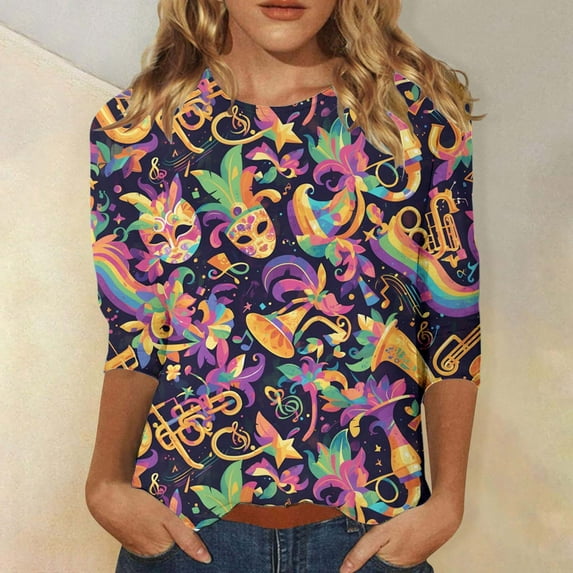 Women's Fashion Carnival Printed Round Neck Three Quarter Sleeve Casual T Shirt Top Short Sleeve Scrub Jackets Women Loose Fit Athletic Tops Womens Tops And Tees Long Sleeves Shirt Women Women Tee