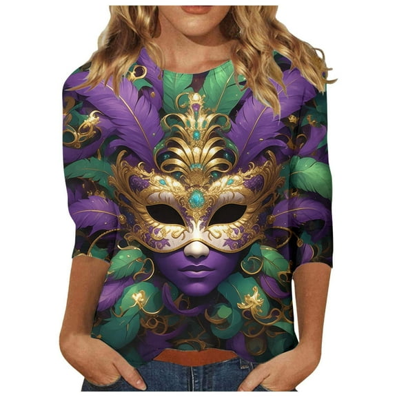 Women's Fashion Carnival Printed T-Shirt Round Neck Three Quarter Sleeve Casual Comfortable Soft Breathable Stylish Top