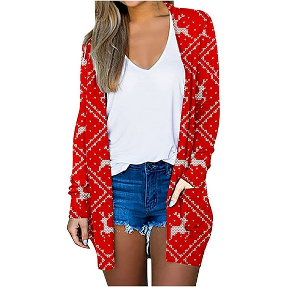 Women's Fashion Casual 2025 Print Medium Length Cardigan Jacket Coat with Christmas Design for Holiday and Everyday Wear,Red,S