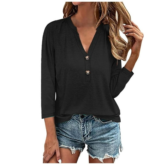 Women's Fashion Casual 3/4 Sleeve Button Down T-Shirt Comfortable Soft Breathable Stylish Solid Color Top for Spring Autumn