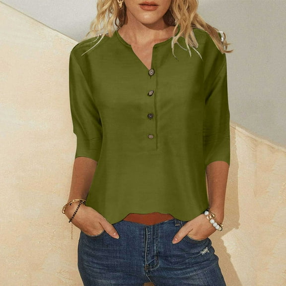 Women's Fashion Casual 3/4 Sleeve Button T-Shirt Neck Print Blouse Silk Button Up Red Short Sleeve Crop Top Athletic Tops Short Sleeve Short Sleeve Shirts & Tops