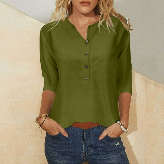 Women's Fashion Casual 3/4 Sleeve Button T-Shirt, Round Neck Solid Color Print Blouse, Comfortable Loose Fit Top for Daily Wear, Versatile Casual Shirt Available in Multiple Sizes