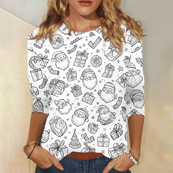 Women's Fashion Casual 3/4 Sleeve Christmas Printed Round Neck Pullover Top, Holiday Graphic T-Shirt, Comfortable Blouse for Fall Winter Seasonal Outfit,Gray,M