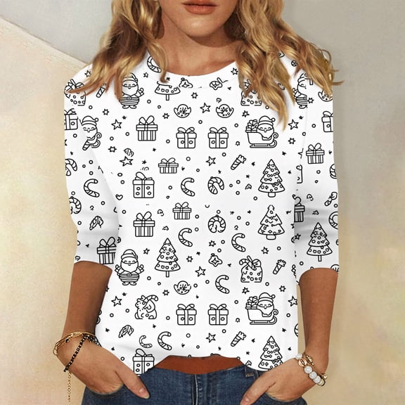 Women's Fashion Casual 3/4 Sleeve Christmas Printed Round Neck Pullover Top, Holiday Graphic T-Shirt, Comfortable Blouse for Fall Winter Seasonal Outfit,Silver,XL