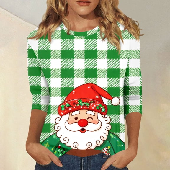 Women's Fashion Casual 3/4 Sleeve Christmas Printed Top, Holiday Graphic Tee, Cute Basic Pullover Blouse for Fall Winter Season,Dark Green,2XL