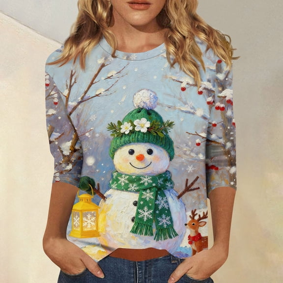 Women's Fashion Casual 3/4 Sleeve Christmas Printed Top, Holiday Graphic Tee, Cute Basic Pullover Blouse for Fall Winter Season,Green,2XL
