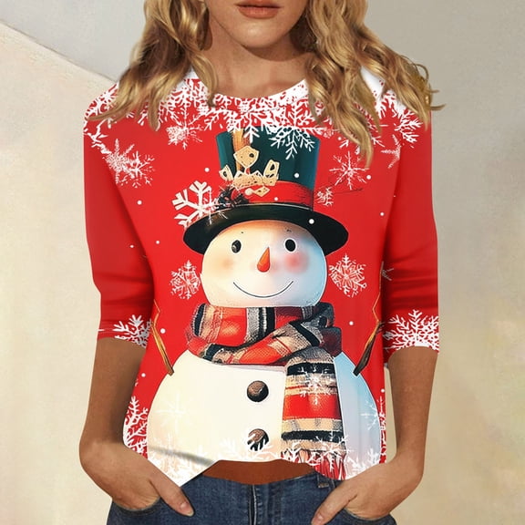 Women's Fashion Casual 3/4 Sleeve Christmas Printed Top, Holiday Graphic Tee, Cute Basic Pullover Blouse for Fall Winter Season,Red,S