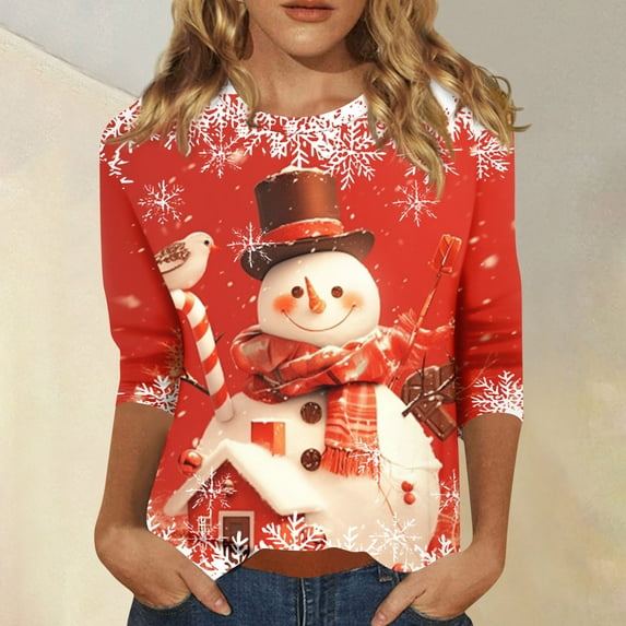Women's Fashion Casual 3/4 Sleeve Christmas Printed Top, Holiday Graphic Tee, Cute Basic Pullover Blouse for Fall Winter Season,Vermilion,L