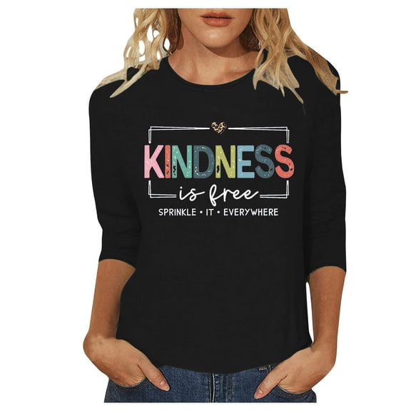 Women's Fashion Casual 3/4 Sleeve Round Neck Letter Print T-Shirt Comfortable Soft Breathable Stylish Tee Top for Daily Wear