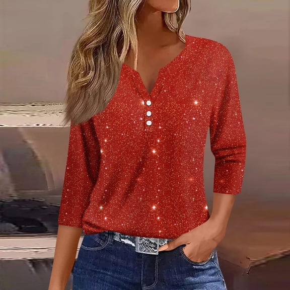 Women's Fashion Casual 3/4 Sleeve V-Neck Christmas Floral Print Top, Holiday Blouse, Feminine T-Shirt for Seasonal Outfits,Red,S