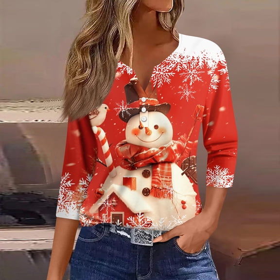 Women's Fashion Casual 3/4 Sleeve V-Neck Christmas Floral Print Top, Holiday Blouse, Feminine T-Shirt for Seasonal Outfits,Vermilion,L