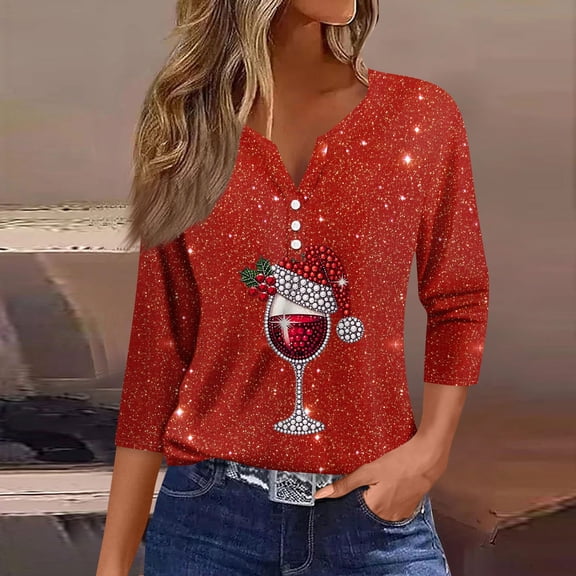 Women's Fashion Casual 3/4 Sleeve V-Neck Christmas Floral Print Top, Holiday Blouse, Feminine T-Shirt for Seasonal Outfits,Watermelon Red,M