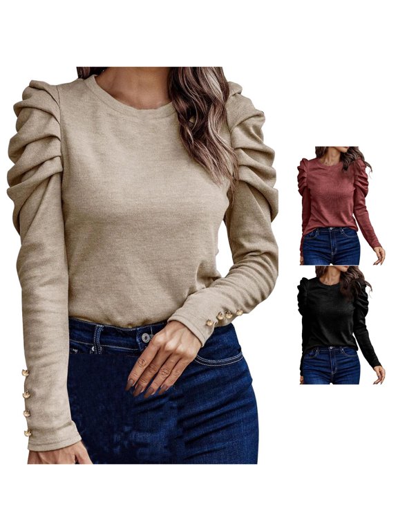 Women's Fashion Casual Autumn and Winter Round Neck Sleeve Button Long Sleeve Top Oversized Tees for Women Loose Womens Athletic Top Compression Shirts for Women Long Sleeve