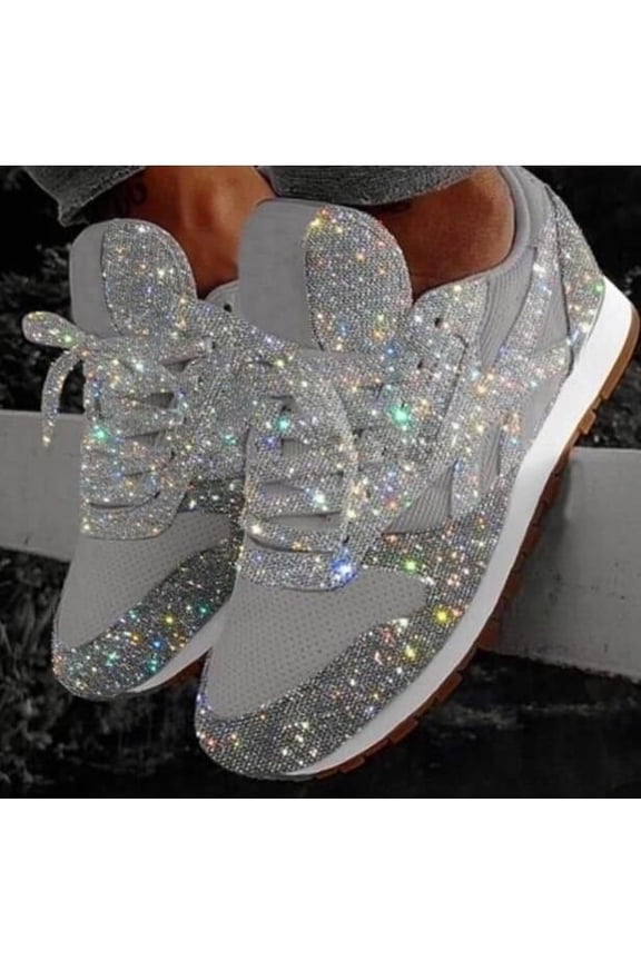 Women's Fashion Casual Breathable Crystal Bling Lace Up Sport Shoes -Sneakers Glitter Tennis Sneakers Comfy Sparkly Rhinestone Bling Running Shoes & Shiny Sequin Flat Heel Shoes Daily Wear