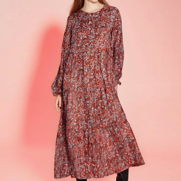 Women's Fashion Casual Button Round Neck Long Sleeve Muslim Floral Midi Dress, Comfortable Soft Fabric Wrap Design For Flattering Fit, Suitable For Party Prom Banquet Cocktail