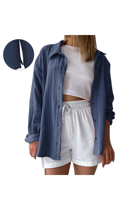 Women's Fashion Casual Button Down Shirt, Crinkle Fabric Solid Color Long Sleeve Top with Side Slit Design, Breathable Relaxed Blouse for Everyday Wear as a Shirt or Light Jacket Dark Blue XXL