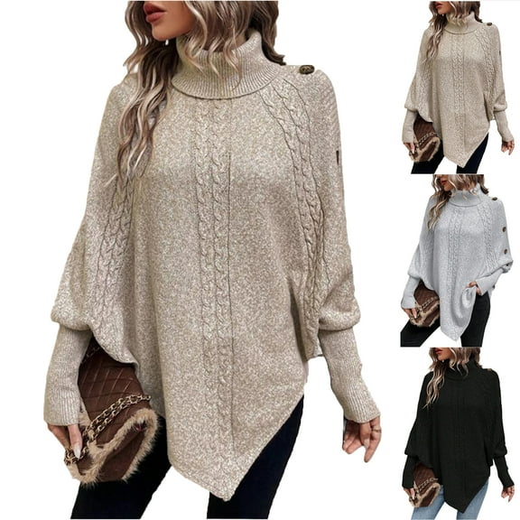 Women's Fashion Casual Cable Knit Turtleneck Button-Decorated Long Sleeve Sweater for Fall Winter Detailed Designs,Khaki,XL