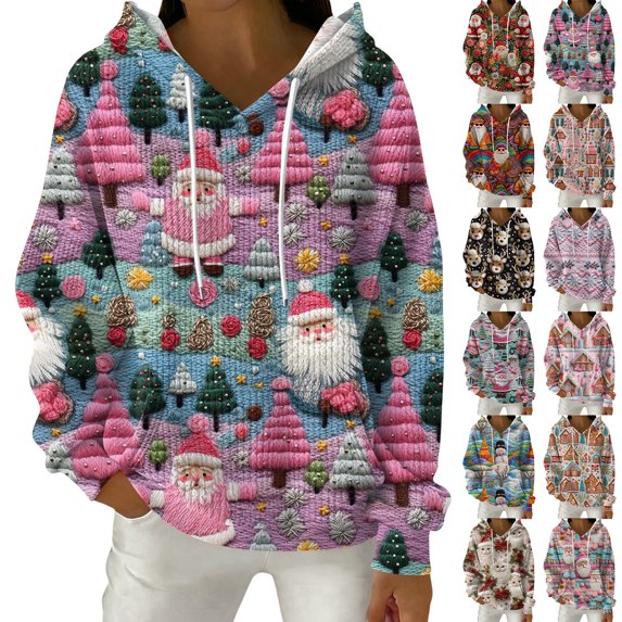 Women's Fashion Casual Christmas Print Pullover Long-Sleeve Hooded Sweatshirt, Festive Fall Winter Wear with Soft Fabric and Holiday Theme for Cozy Comfort,Hot Pink,M