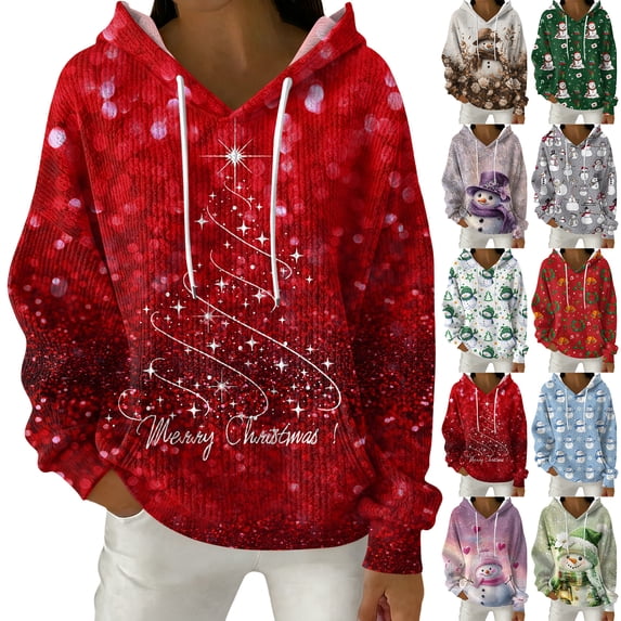 Women's Fashion Casual Christmas Print Pullover Long-Sleeve Hooded Sweatshirt, Festive Fall Winter Wear with Soft Fabric and Holiday Theme for Cozy Comfort,Sky Blue,XL