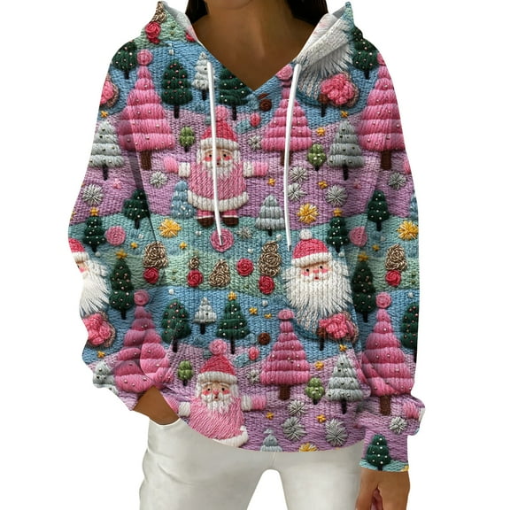 Women's Fashion Casual Christmas Print Pullover Long-Sleeve Hooded Sweatshirt