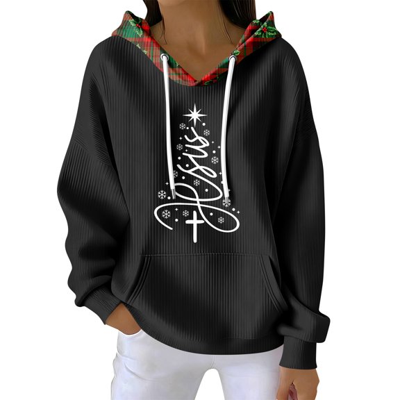 Women's Fashion Casual Christmas Print Pullover Long-Sleeve Sweatshirt with JESUS Design for Holiday Season and Comfortable Wear,Black,S
