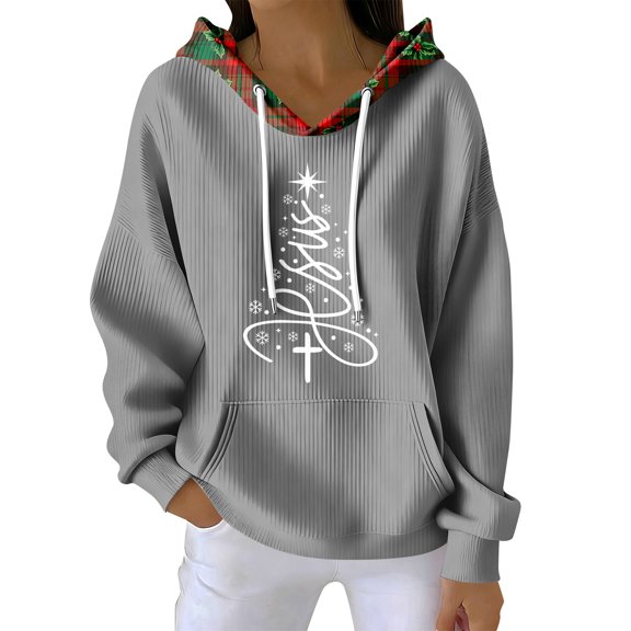 Women's Fashion Casual Christmas Print Pullover Long-Sleeve Sweatshirt with JESUS Design for Holiday Season and Comfortable Wear,Gray,L