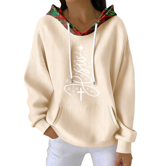 Women's Fashion Casual Christmas Print Pullover Long-Sleeve Sweatshirt with JESUS Design for Holiday Season and Comfortable Wear,Khaki,S