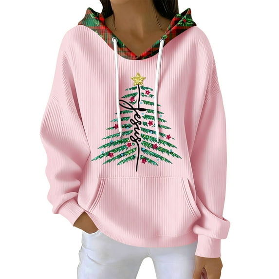 Women's Fashion Casual Christmas Print Pullover Long-Sleeve Sweatshirt with JESUS Design for Holiday Season and Comfortable Wear,Pink,2XL