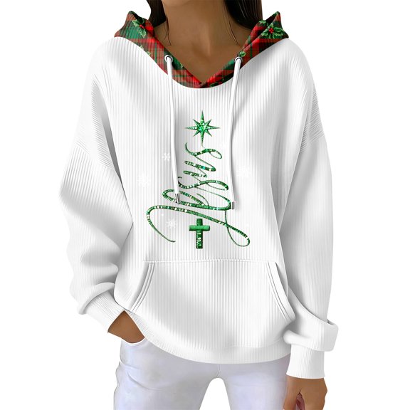 Women's Fashion Casual Christmas Print Pullover Long-Sleeve Sweatshirt with JESUS Design for Holiday Season and Comfortable Wear,White,S