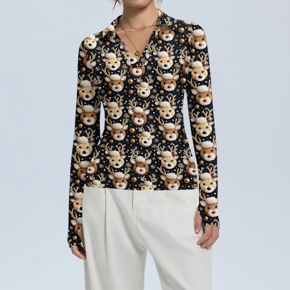 Women's Fashion Casual Christmas Print V-Neck Long Sleeve Fitted Button-Down Polo Shirt Top, Holiday Blouse, Slim Fit Collared T-Shirt,Black,L